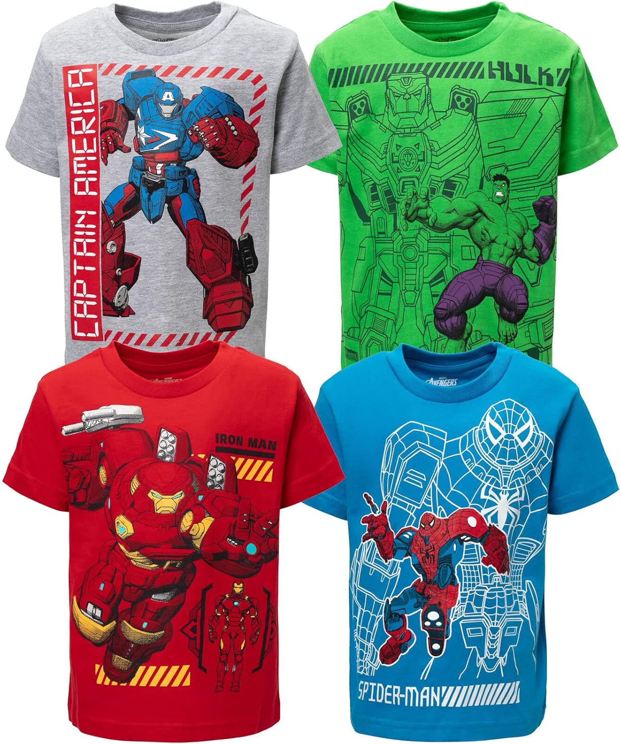 Marvel Avengers Spider-Man Mech Strike 4 Pack Cosplay Athletic T-Shirts Toddler to Big Kid Sizes (2T - 18-20)